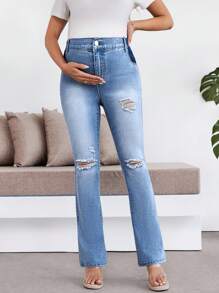 SHEIN Maternity Light Blue Denim Flare Leg Ripped Jeans,Casual Summer For Women,Beach,Brunch,Spring Break,Concert,Rave Festival,Country Concert,Nashville - Blue - View 6