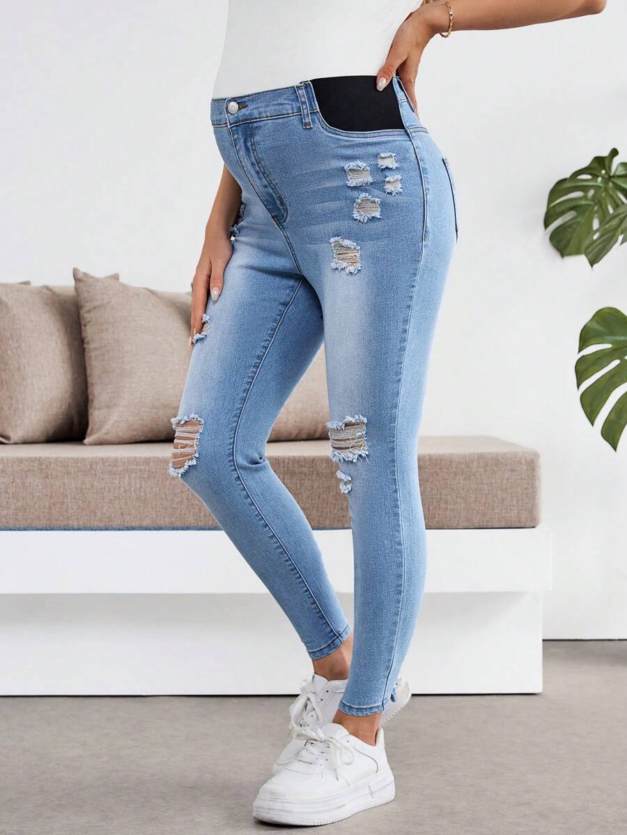 SHEIN Maternity Front Button Pocket Ripped Simple Casual Stretchy Skinny Jeans - Blue - View 1