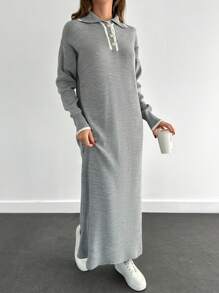 EURMUSE Women's Knitwear Dress With Polo Neck - Light Grey - View 4