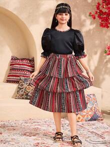 SHEIN Tween Girls Ramandan Long Sleeve Top And Striped Skirt 2 Pieces Set - Multicolor - View 4