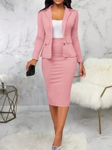 Lyxana Conjunto De Traje De Chaqueta Entallada De Solapa De Color Sólido Y Falda Lápiz Con Botones De Un Solo Pecho