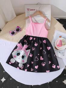 全新夏季可爱少女女孩甜美卡通猫心印花吊带连衣裙 - 粉色 - 查看 3