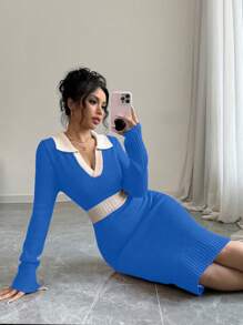 Calvaya Color Block Patchwork Slim Fit Sweater Dress, Casual Autumn/Winter For New Year Clothes