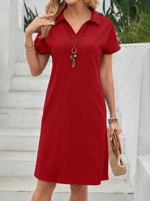 EMERY ROSE 蓝色休闲蝙蝠袖连衣裙 夏季 - 紅色 - 查看 6