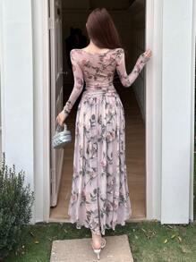 DAZY Set de 2 piezas: Blusa de hombros descubiertos con fruncido de malla floral y falda - Mujer, Volantes, Ropa de mujer de otoño