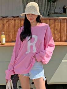 DAZY Women's Oversized Crew Neck Letter Print Dropped Shoulder Long Sleeve Casual Sweater,Fall Clothes - Pink - View 4