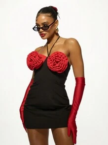 MISSGUIDED Glamorous Halter Mini Dress With Rose Applique Detail Party Evening Bodycon Dress With Sweetheart Bust Design Holiday New Year Christmas Celebration Outfit - Black - View 6