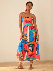 Travachic 女士度假图案无袖防晒脸印花连衣裙 - 粉色 - 查看 6