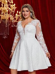 Glamrae Abito da sposa elegante e romantico extra large, in jacquard bianco, con maniche lunghe trasparenti, decorazioni in applicazione, linea ad A ampia, adatto per ricevimento nuziale