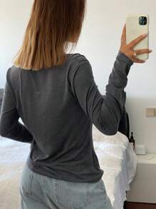 DAZY 纯色宽松船领长袖拼布女式T恤，秋季服装