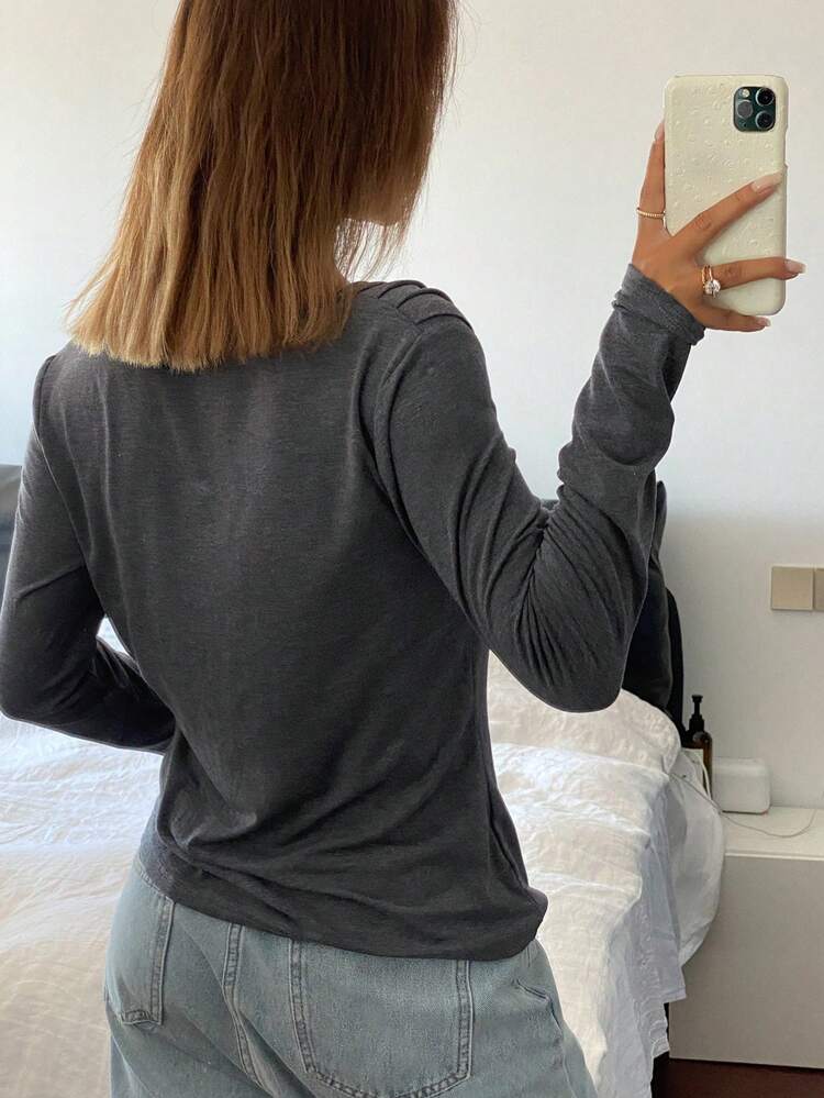 Solid Color Loose Boat Neck Long Sleeve Patchwork Women T-Shirt,Fall Clothes