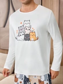 Snug Zone Conjunto de ropa de estar en casa con estampado de gato de dibujos animados para hombres, ropa de otoño e invierno - Multicolor - Ver 6