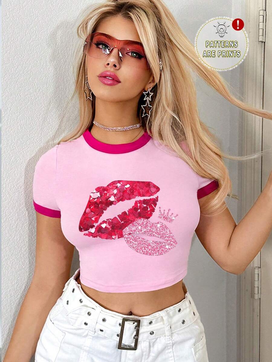 Sweetina Áo thun ngắn tay ôm sát in hình môi đơn giản màu HỒNG dành cho nữ, Áo chui đầu mùa hè - Hồng - Xem 1