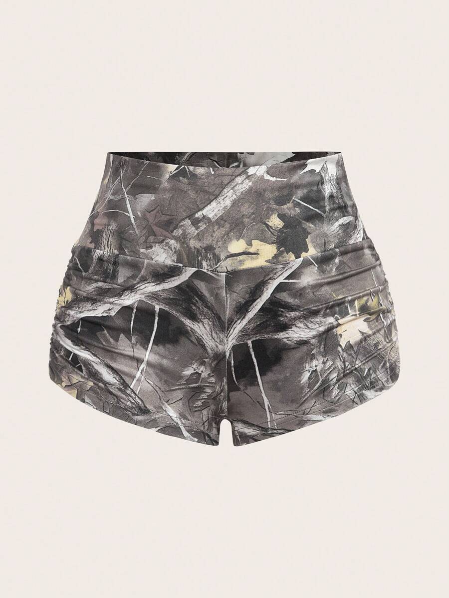 SHEIN EZwear 印花针织超短骑行短裤，简约时尚休闲日常穿着 - 杏色 - 查看 1