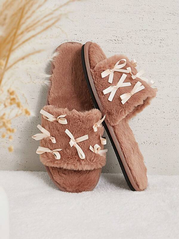 SHUZIA نعال منزلية فليز داخلية وخارجية مريحة وجذابة للبنات، مزينة بفيونكة وأصابع مفتوحة، لون بني داكن، هدايا عيد الحب، أحذية صيفية