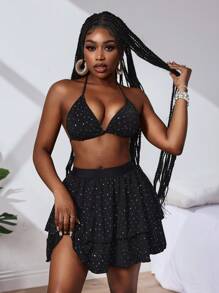 Slaydiva Contrast Sequin Halter Top And Ruffle Hem Skirt Women's Bikini Swimwear Set , For Summer Beach Vacation - Black - View 7