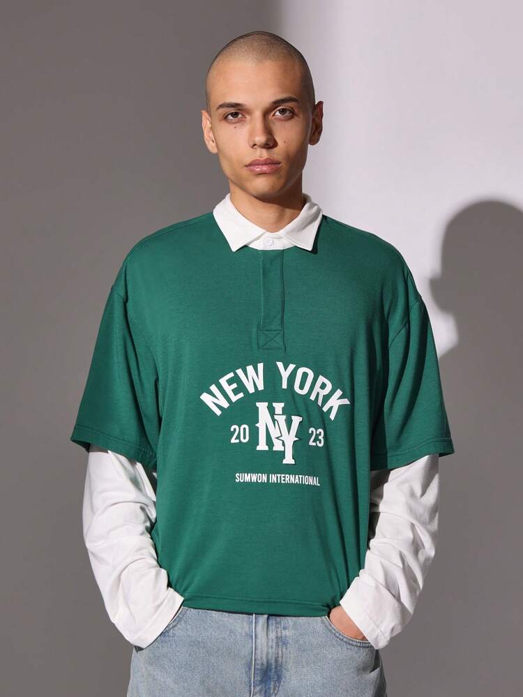 バーシティラグビーダブルレイヤー長袖ポロシャツ