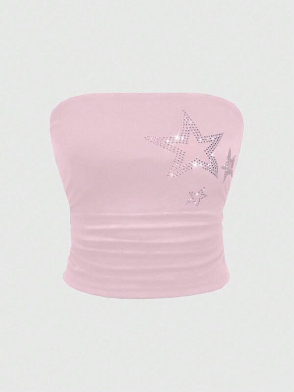 ROMWE Grunge Punk Top a canotta attillato con grinze e decorazione di strass a stella per donne
