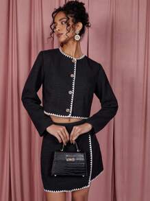 COSMINA 2pcs/Set Women Old Money Print Contrast Trim Long Sleeve Jacket & Skirt - Black and White - View 5