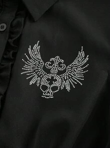 ROMWE Grunge Punk Áo sơ mi dài tay bó sát họa tiết xương đen Y2K của nền văn hóa Punk dành cho nữ - màu đen - Xem 4