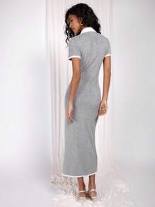 COSMINA Women's Elegant Modest Commuter & Daily Wear Grey & White Contrast Short Sleeve Mid-Length Dress, Spring/Summer - Grey - View 2