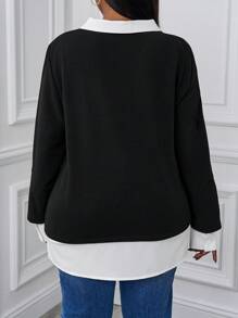 SHEIN PETITE CURVE Plus 2 In 1 Contrast Collar Sweatshirt - Black - View 2