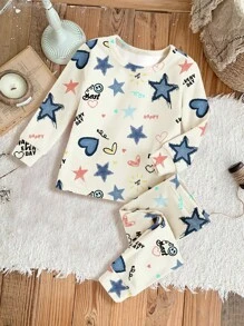 SHEIN Graffiti Stars, Heart & Print Young Girl Casual Minimalist Soft Comfortable Long Sleeve & Long Pants Pajamas Set, Snug Fit, Suitable For Autumn/Winter