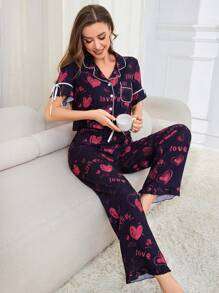 Damen Pyjama-Set aus Lässig Top mit Kontrastkante und Knopfleiste sowie langer Hose - Schwarz - Übersicht 5