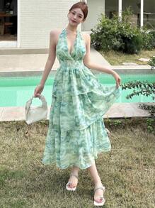 DAZY V-Neck Sleeveless Ruffle Trim Mid-Calf Floral Print Spring Dress For Women Sundress