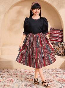 SHEIN Tween Girls Ramandan Long Sleeve Top And Striped Skirt 2 Pieces Set - Multicolor - View 5