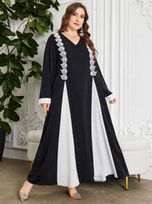 Al Najma Vestido de manga larga con cuello en V para mujer de talla grande, con dobladillo desgarrado y contraste de color