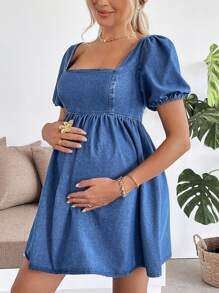 SHEIN Maternity Blue Denim Puff Sleeve Casual Mini Dress Sweet Bubble Sleeve Loose Fit Blue Dress,Bow Dress,Renaissance Dress,Backless/ Open Back ,Summer/Summer Outfits For Women,Suitable For Parties, Holidays, Dates, Valentine's Day, Afternoon Tea,Spring Outfits For Women / Spring,Summer Outfits For Women / Summer / Summer Clothes / Cute Summer Tops,Easter Dress / Easter / Easter Outfit Women,Concert Outfit Women / Rave Outfits / Rave Outfits Festival / Country Concert Outfit / Nashville Outfits / Ibiza Outfits,Western Wear Women / Western / Western Clothes For Women,Cowgirl Outfits For Women / Rodeo Outfits For Women / Cowgirl Outfit,Beach Outfits For Woman / Beach, Brunch Outfits For Women