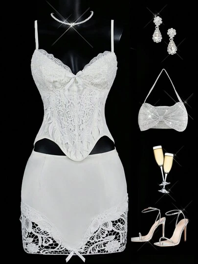 SHEIN ICON 2 件缎面吊带背心和花卉装饰束腰短款上衣搭配迷你裙缎面蕾丝节日新年性感派对情人节两件套裙套装情人节派对女士生日半正式服装