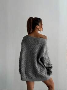 Flirla 女士炭灰色绞花针织毛衣，休闲简约复古风，宽松版型，厚针织，秋冬针织套头衫