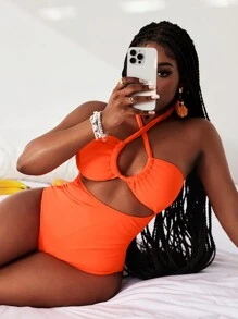 Slaydiva Women's Solid Color Halter Backless Hollow Out Slim Fitted One Piece Swimsuit For Summer Beach Vacation - Orange - View 1