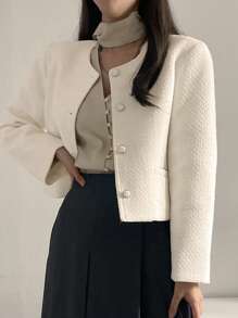 DAZY Chaqueta corta de manga larga y cuello redondo de unicolor para mujer, otoño