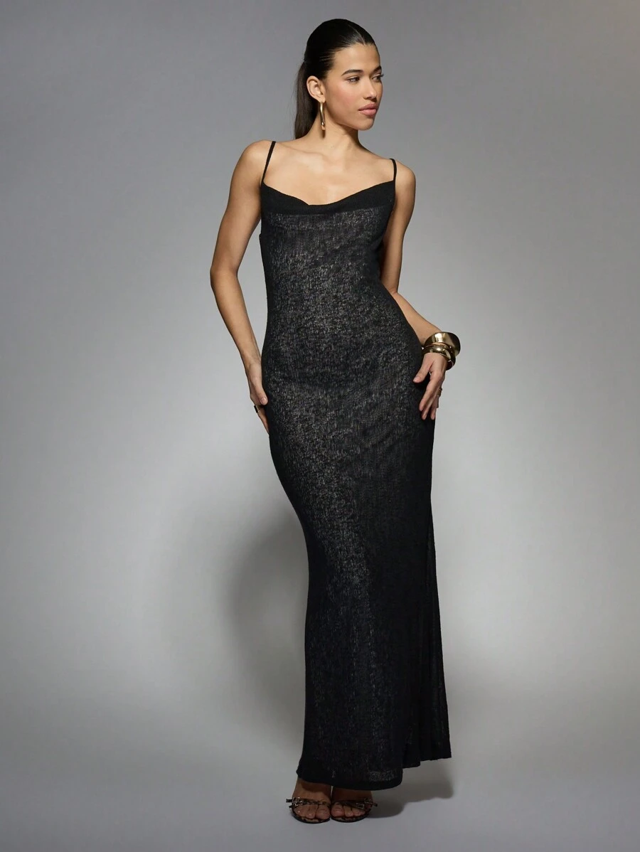 MISSGUIDED Vestido de noche largo y ceñido con tirantes finos, vestido formal con ajuste ceñido para ocasiones especiales, bodas y fiestas, hecho de tela metálica con brillo