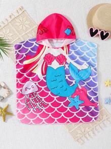 SHEIN Leap Crew Young Girl Knitted Terry Hooded Cute Mermaid Pattern Jumpsuit, Suitable For Vacation Girl Beach Towel ,Spring,Summer. - Multicolor - View 1