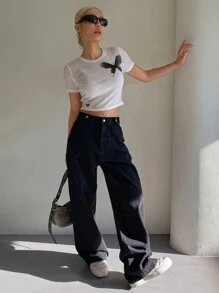 DAZY Jeans con bolsillo y banda elástica en la cintura para mujer, unicolor