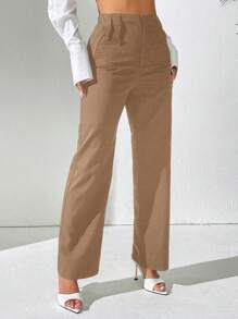 SHEIN PETITE Quần ống đứng dệt trơn màu cho nữ - Màu Khaki - Xem 6