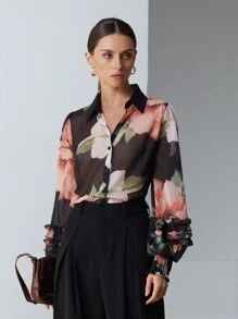 Aveloria Modichic 优雅随机雪纺撞色印花层叠荷叶边袖口长袖衬衫 - 彩色 - 查看 5