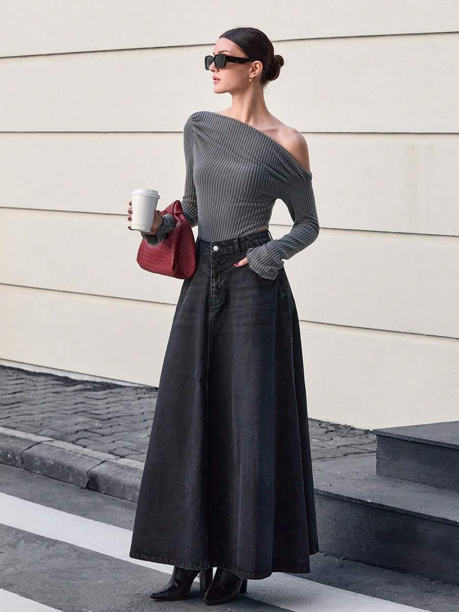 EURMUSE 100% Cotton High Waist Long Denim Skirt - Black - View 1