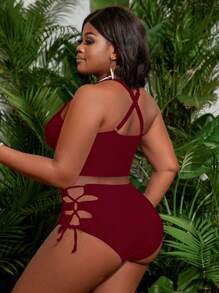 SHEIN Slayr CURVE Plus Size Solid Color Front Tie Bikini Top And Bottom Bikini Set Summer - Burgundy - View 2