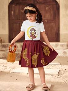 SHEIN Set de 2 piezas DRMZ: Top de cuello redondo de punto de unicolor y falda ajustada tejida para niñas jóvenes - Multicolor - Ver 1