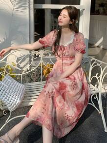 Vestido de mujer con cuello cuadrado con volantes, parches y manga corta con estampado floral, vestido de lechera, vestido de verano para vacaciones - Rosa - Ver 2