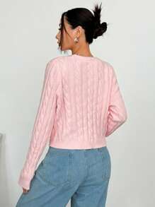 SHEIN Unity Autumn/Winter Pink Bow & Cable Pattern Cardigan, Cute And Commuting Style - Pink - View 2