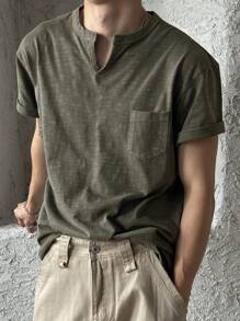 DAZY Summer Men's V-Neck Textured Fabric T-Shirt In Green - Green - View 5