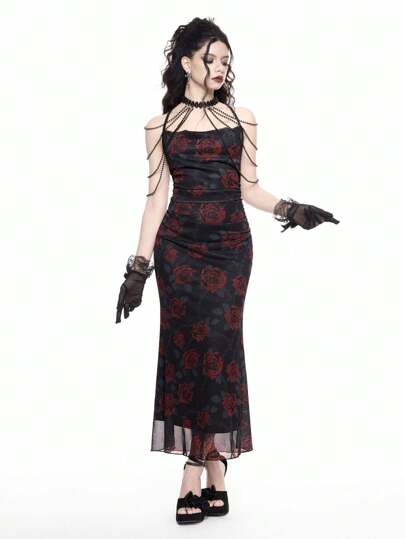 Women's Retro Gothic Thorn Rose Print Mesh Bodycon Fishtail Plunge Valentine Dresses