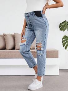 SHEIN Maternity Blue Ripped Tapered 7/8 Jeans, Summer Spring Beach Brunch Spring Break Concert Rave Festival Country Concert Ibiza Nashville Mom Jeans - Blue - View 3