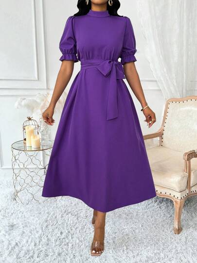 Lyxana Spring Solid Color High Neck Flared Sleeve Loose Version Tie-Up Women Dress
